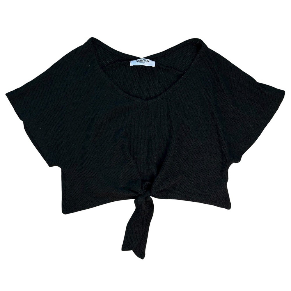 Double Zero Black Ribbed Tie Front Crop Top Short Sleeve Women's Small